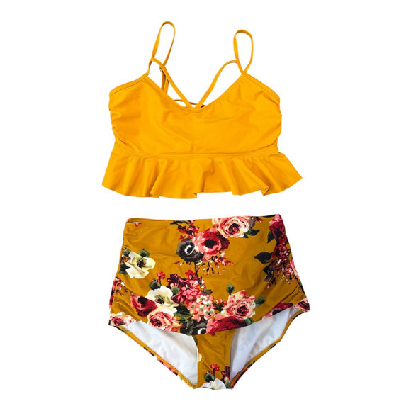 Women's Two-Piece Swimsuit, Yellow Ruffled Top with Floral High-Waist Bottom, Si - Picture 1 of 3